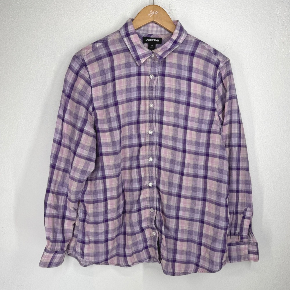 Lands End Womens Purple Plaid Cotton Gauze Button Down Shirt Size 18 Long Sleeve